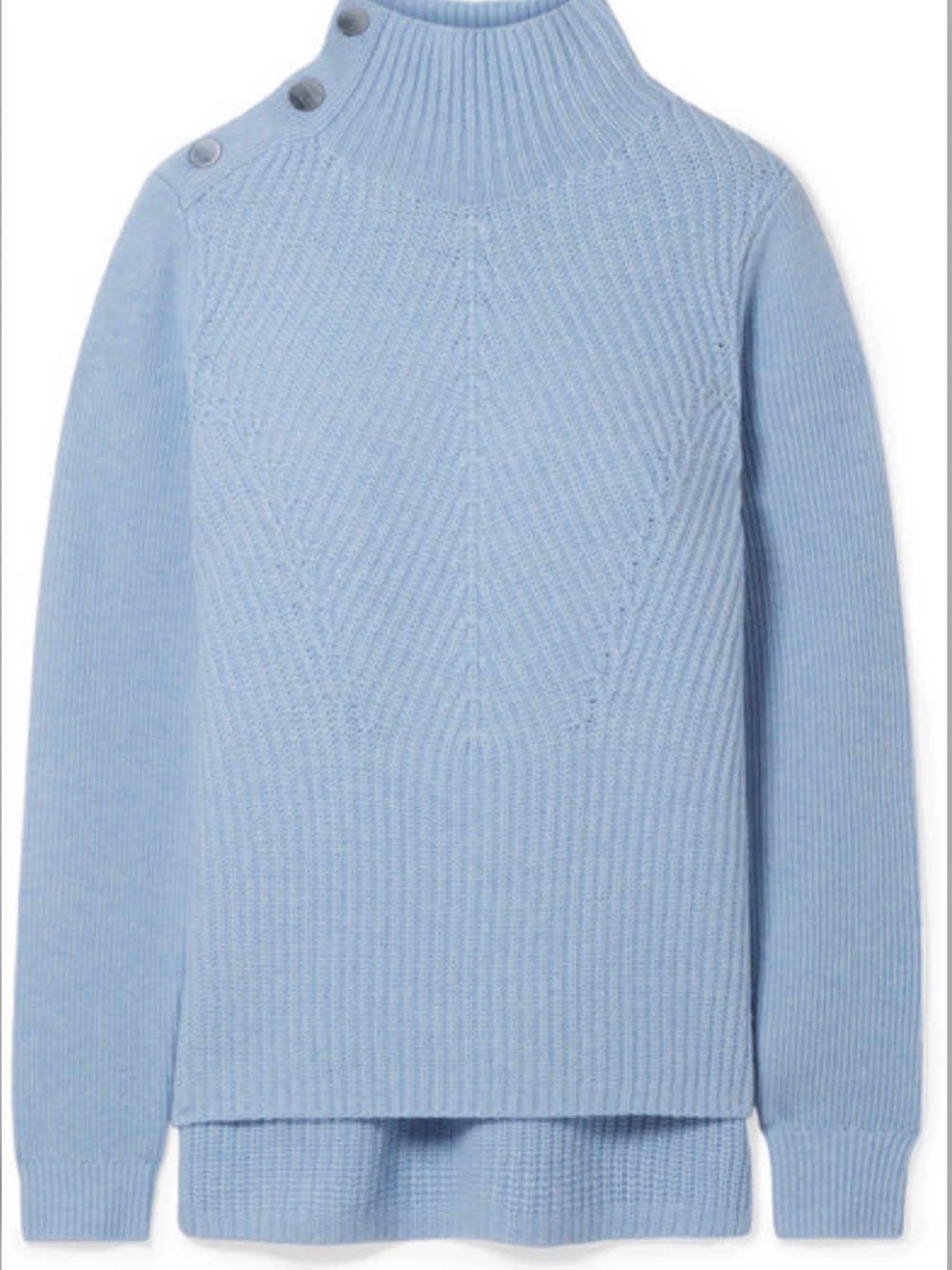 Veronica Beard Powder Blue Ribbed Mock Neck Sweater with Shoulder Buttons